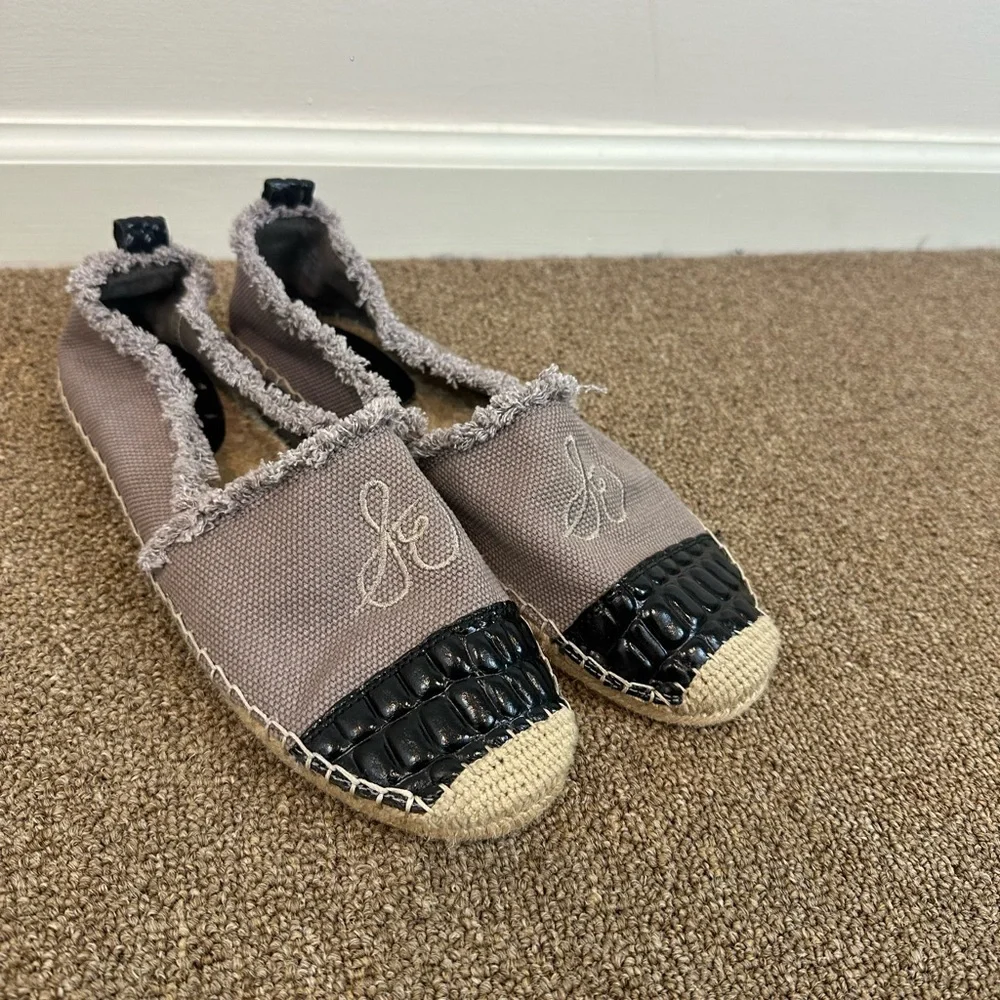Sam Edelman Gray Fringe Logo Espadrille Flats with Black Croc Toe Size 10